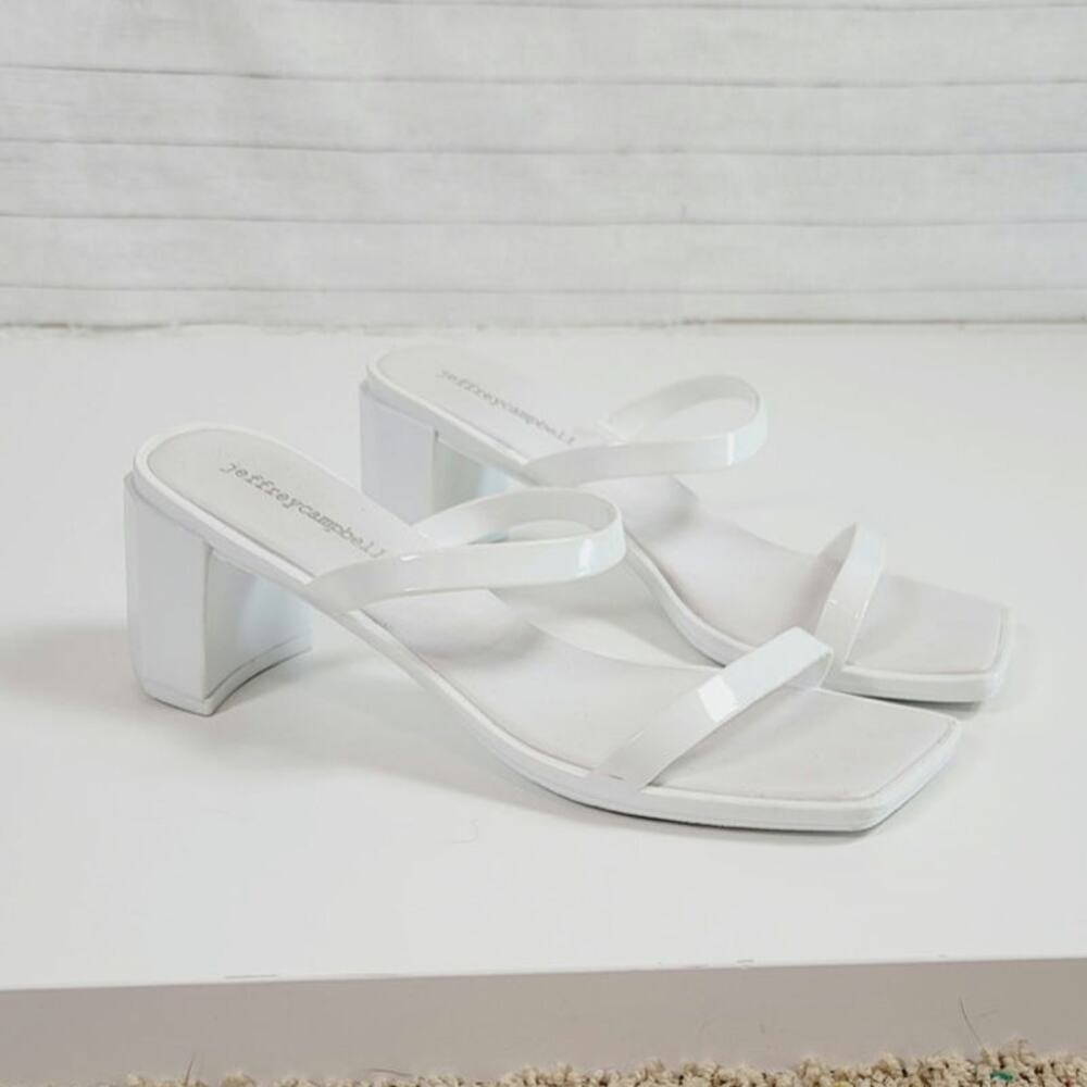 JEFFREY CAMPBELL JAMM JELLY STRAP BLOCK HEELED SANDALS IN WHITE, SZ 9